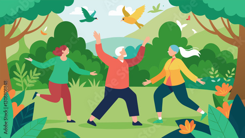 The Tai Chi class for seniors surrounded by lush greenery and the sound of chirping birds.. Vector illustration