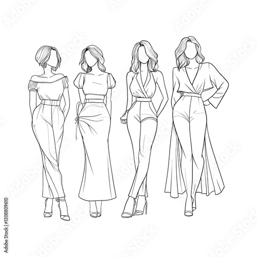 Group of Fashionable Women in Modern Outfits Sketch