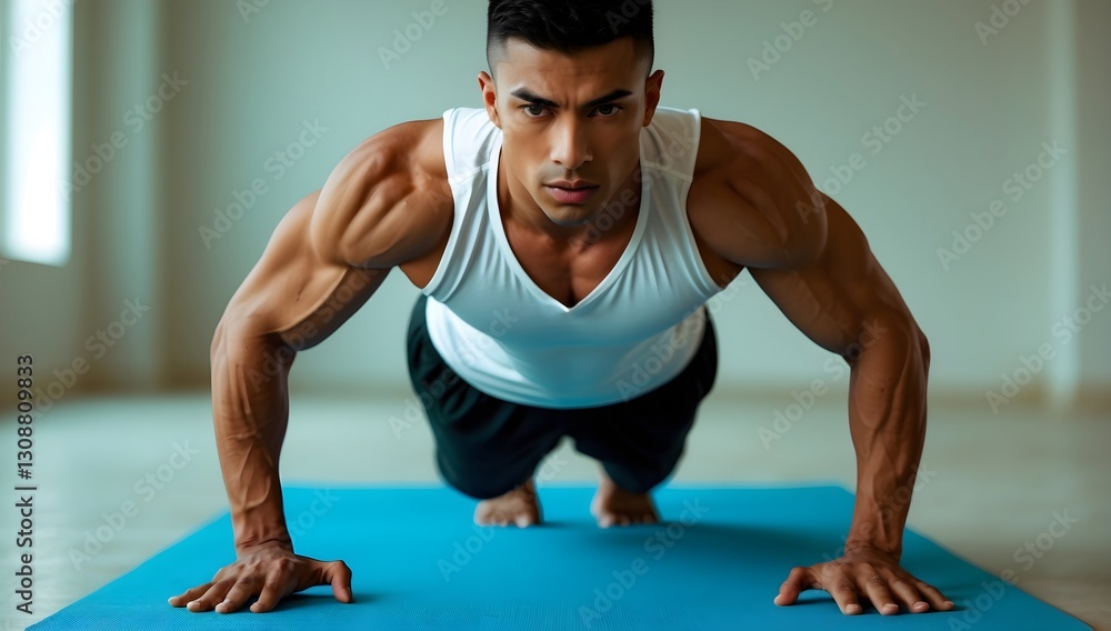 Man Doing Push Up Exercise on Mat Indoors for Fitness Man Doing Push Up Exercise on Mat Indoors for Fitness