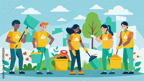 Volunteers organizing a community cleanup effort after a major hurricane leaves behind destruction and debris.. Vector illustration