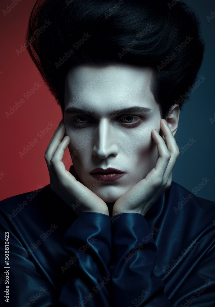 Androgynous figure with intense stare, gothic and avant-garde style. Androgynous figure with intense stare, gothic and avant-garde style.