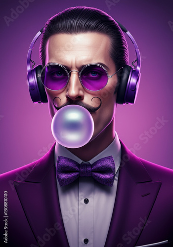 Stylish man in suit with purple headphones, retro-futuristic vibe. photo