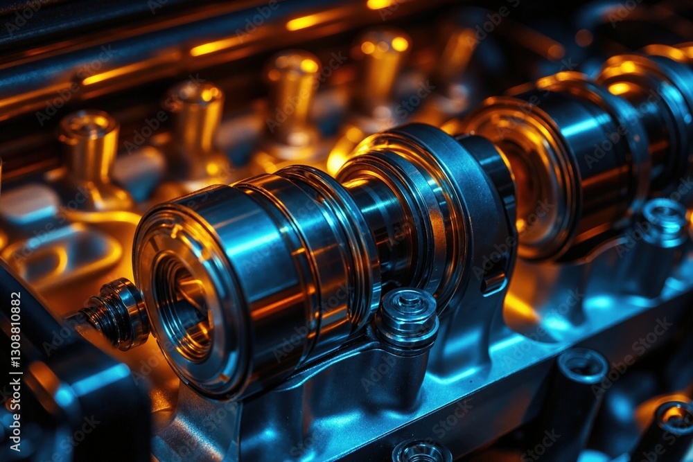 Futuristic engine design in metallic blue and orange lighting for innovative automotive concepts Futuristic engine design in metallic blue and orange lighting for innovative automotive concepts