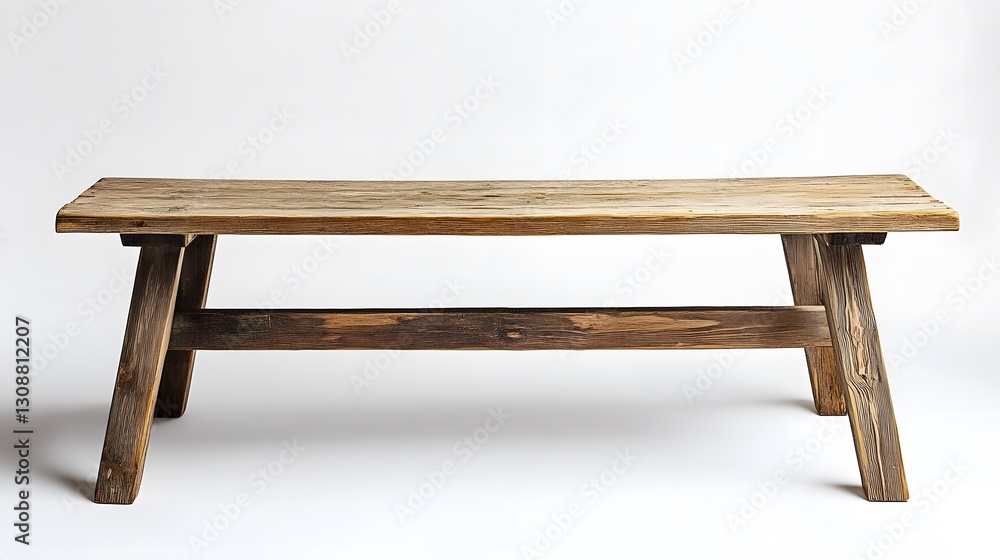 A rustic wooden dining bench with a distressed finish, isolated on a neutral backdrop A rustic wooden dining bench with a distressed finish, isolated on a neutral backdrop