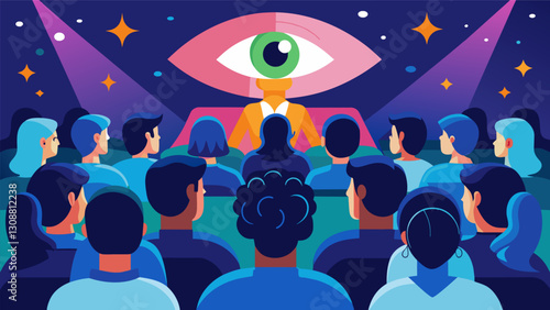 The audience hangs onto every word their eyes shining with emotion as they connect deeply with the power of storytelling and the human experience.. Vector illustration