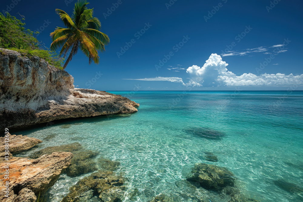 Fototapeta premium A picturesque view of Princess Cays in the Bahamas, with clear waters and palm trees