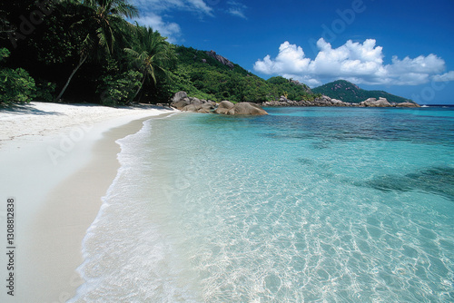 A scenic beach on Denis Isl...