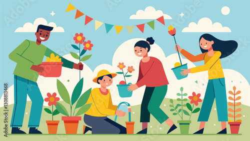 The sound of laughter and music fills the air as residents work side by side planting flowers and hanging decorative banners to bring life and color. Vector illustration