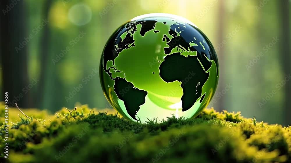 Glass Globe with Green Nature Background Representing Environmental Conservation, Sustainability, and Eco-Friendly Future on Moss in a Forest Glass Globe with Green Nature Background Representing Environmental Conservation, Sustainability, and Eco-Friendly Future on Moss in a Forest