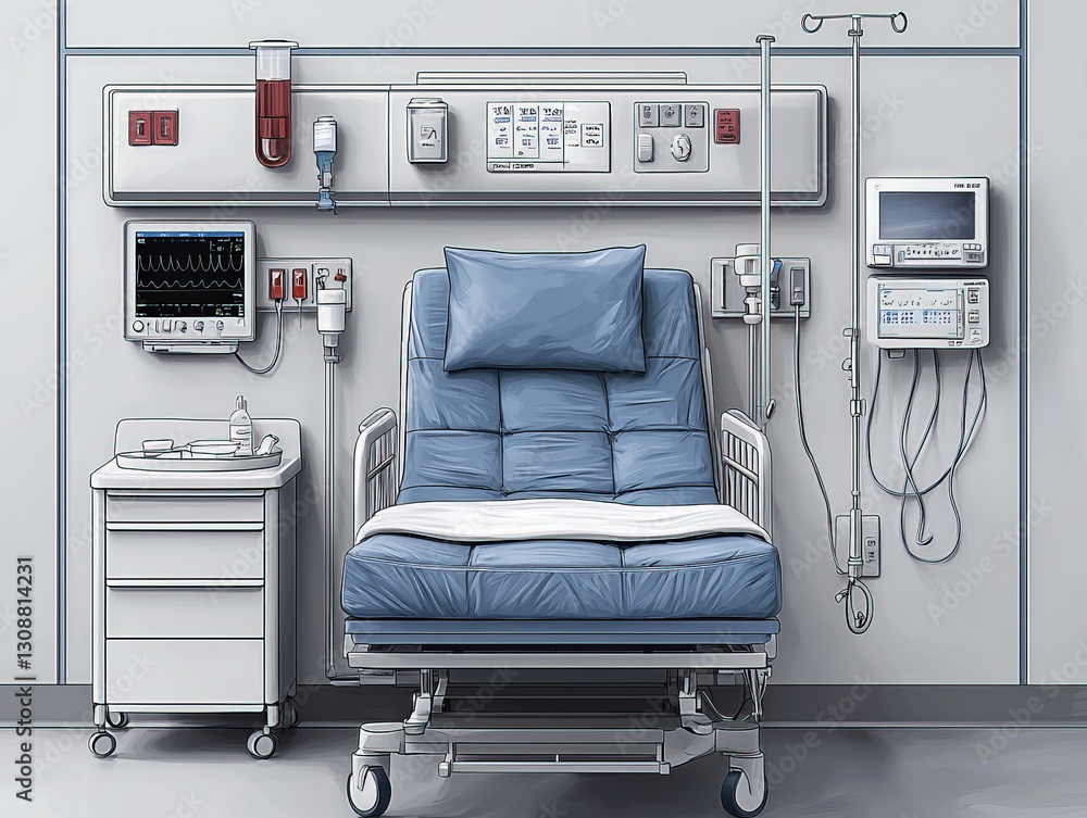 An illustrative representation of an IV therapy setup in a clinical environment. An illustrative representation of an IV therapy setup in a clinical environment.