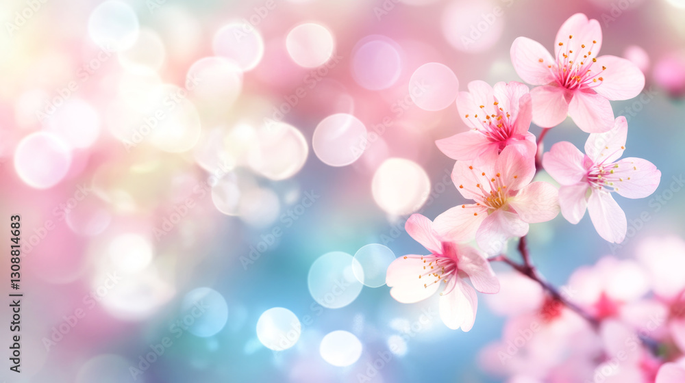 Delicate pink cherry blossoms with colorful bokeh background in springtime beauty Delicate pink cherry blossoms with colorful bokeh background in springtime beauty