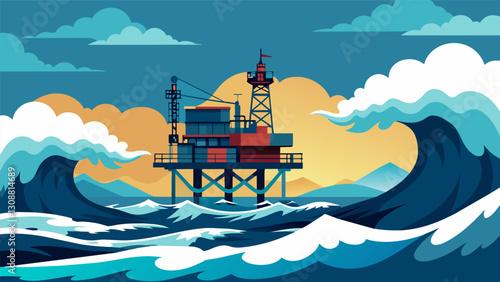 The stormy sea seems to be relentlessly attacking the rig platform as it bravely holds its ground in the face of the onslaught.. Vector illustration