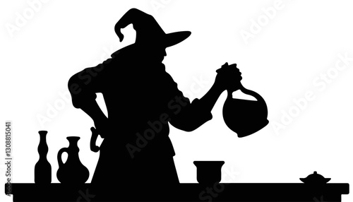 Silhouette of a wizard brewing potions at a wooden table