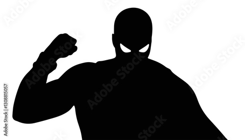 Heroic silhouette with raised fist against white background