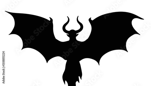 Demonic silhouette with bat wings on white background