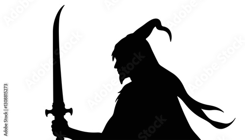 Silhouette of a warrior holding a sword against a white background