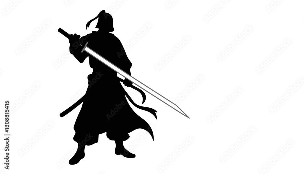 Silhouette of a samurai wielding a sword against a white background Silhouette of a samurai wielding a sword against a white background
