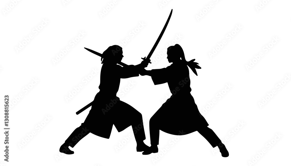 Silhouettes of two samurai fighting with swords Silhouettes of two samurai fighting with swords