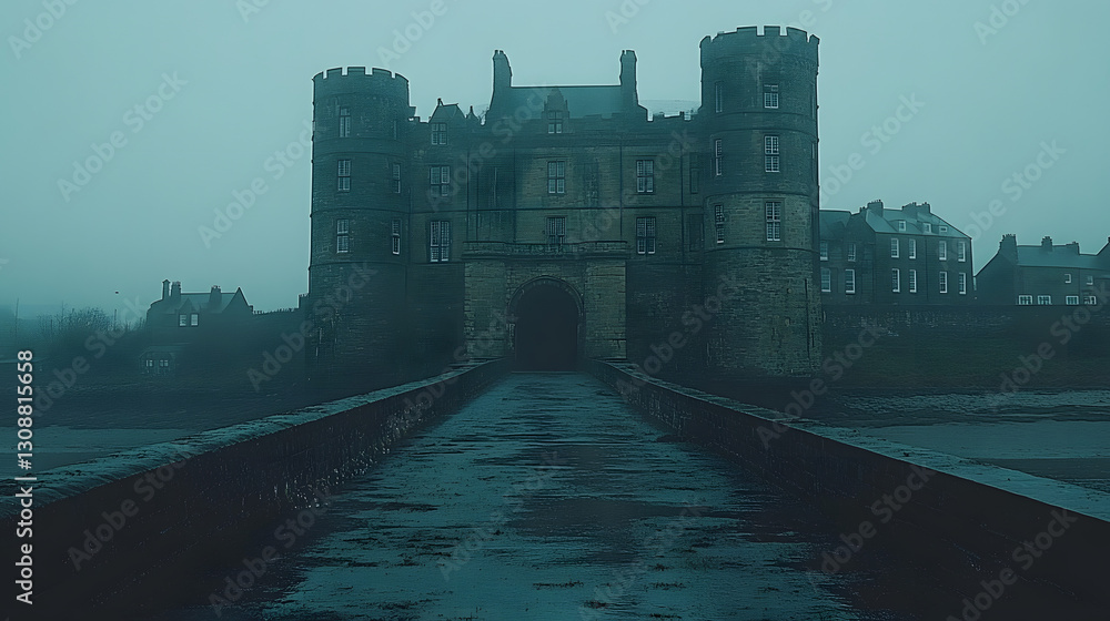 Mysterious Castle in Fog: A grand, historic castle shrouded in a thick, atmospheric fog, creating a sense of mystery and historical allure.