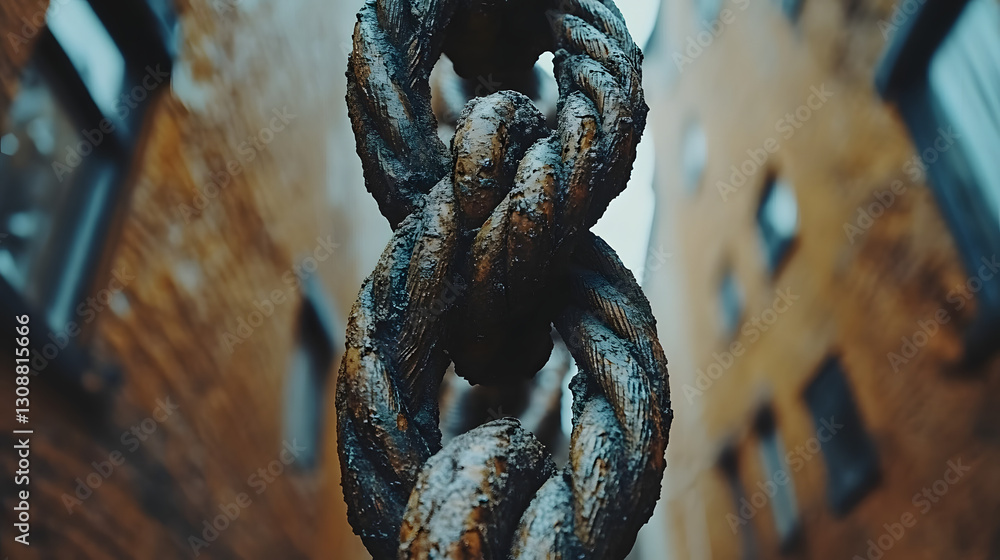 Rusty Chain Against the Building: The weathered, intertwined links of a rusty chain hang prominently against a backdrop of old building, evoking a sense of history, strength, and decay.