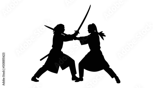 Silhouettes of two samurai fighting with swords