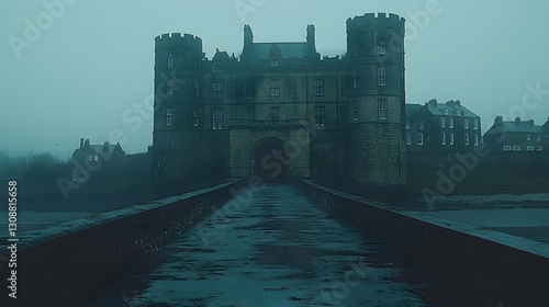 Obraz na płótnie Mysterious Castle in Fog: A grand, historic castle shrouded in a thick, atmospheric fog, creating a sense of mystery and historical allure. w salonie