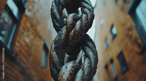 Obraz na płótnie Rusty Chain Against the Building: The weathered, intertwined links of a rusty chain hang prominently against a backdrop of old building, evoking a sense of history, strength, and decay. w salonie