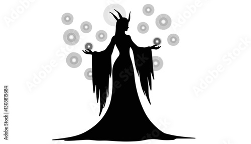 Silhouette of a mystical woman casting spells against a light background