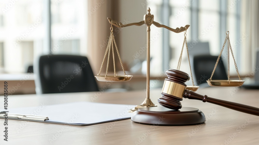 Legal office with scales of justice and gavel on wooden desk, symbolizing law and authority. Legal office with scales of justice and gavel on wooden desk, symbolizing law and authority.