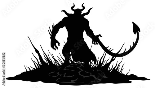 Devilish figure with scythe silhouetted against dark background