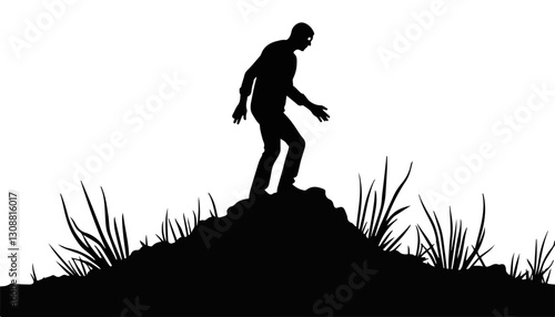 Man walking on a hill silhouette against white background