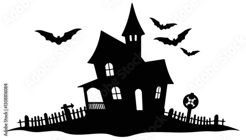 Haunted house silhouette with bats in a spooky landscape