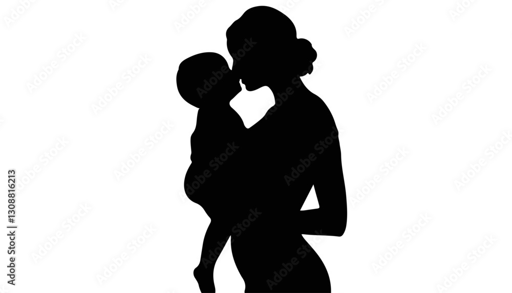 Mother kissing baby silhouette on white background Mother kissing baby silhouette on white background
