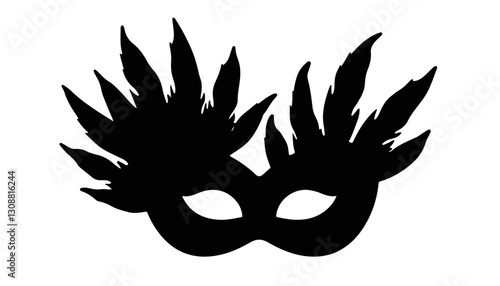 Decorative feathered mask silhouette on white background