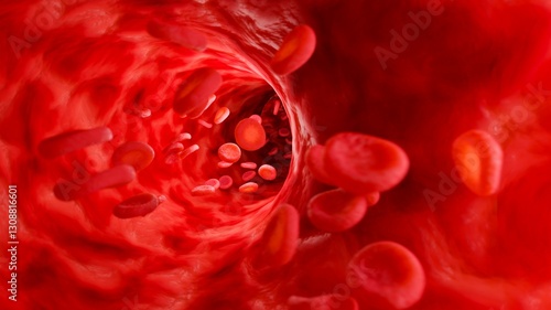 Tableau sur toile Red blood cells in artery. 3D rendering illustration.