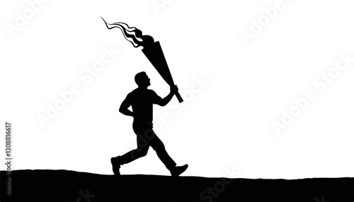 Silhouette of a man running with a torch against a white background