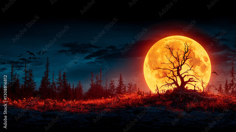 haunting landscape featuring large orange moon illuminating dark forest. eerie scene includes barren tree and silhouettes of birds flying against dramatic sky haunting landscape featuring large orange moon illuminating dark forest. eerie scene includes barren tree and silhouettes of birds flying against dramatic sky