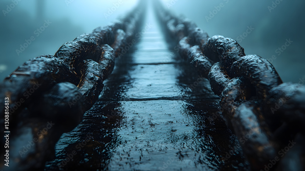 Path of Chains: A dramatic close-up of a weathered chain stretches into the distance, shrouded in atmospheric fog, and conveys a sense of mystery.