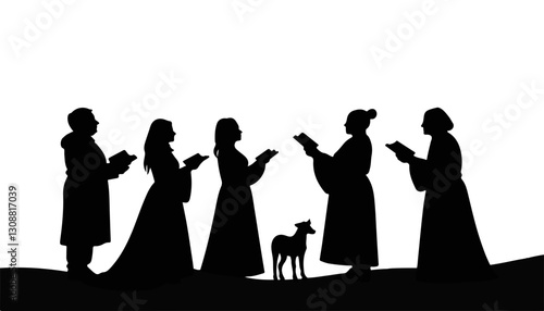 Silhouettes of singers holding books with a dog on a white background