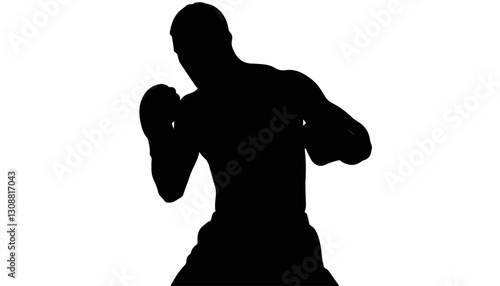 Silhouette of a boxer preparing to fight against a blank background