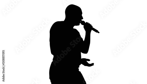 Silhouette of a singer performing against a white background