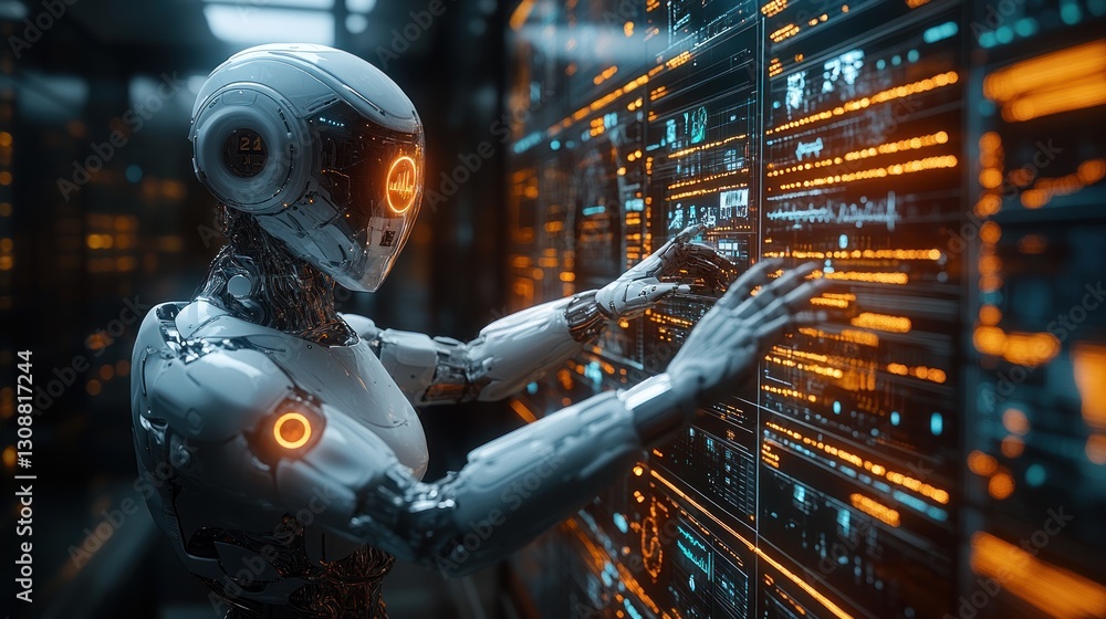 Robot managing server racks in data center with glowing dashboards Robot managing server racks in data center with glowing dashboards
