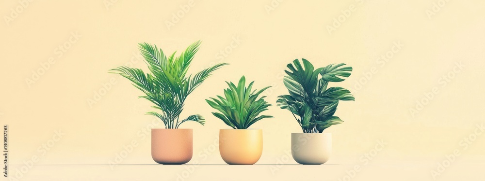 Obraz premium Three potted plants in pastel-colored pots against a light background.