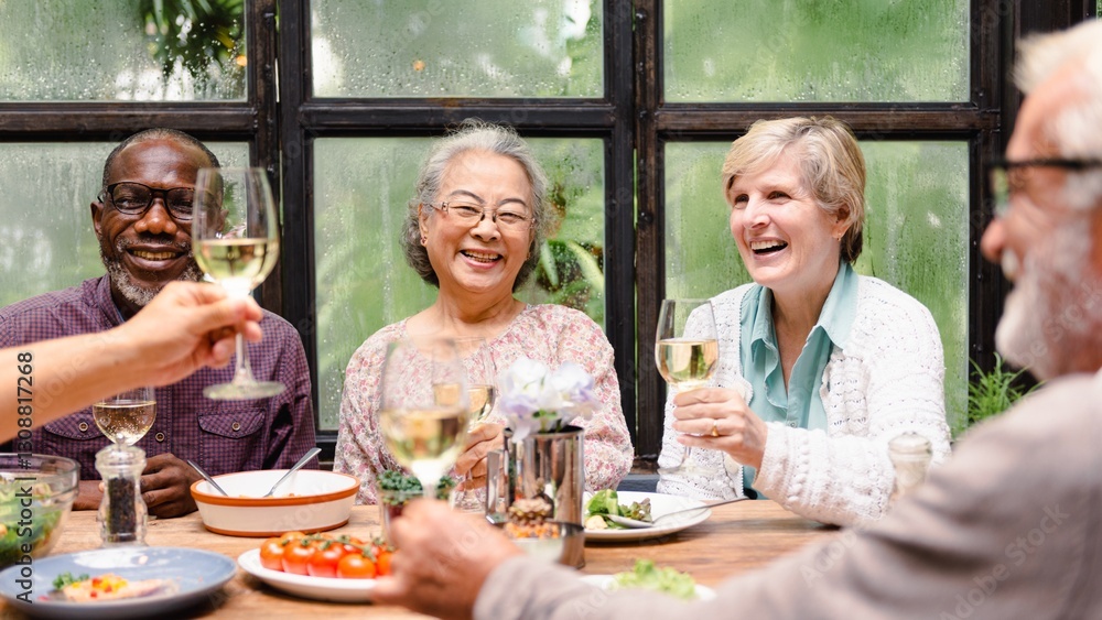 Fototapeta premium Group of diverse seniors enjoying a meal together, smiling and toasting with wine. Happy elderly friends, diverse gathering, joyful meal, senior celebration. Happy retired people celebrating with wine