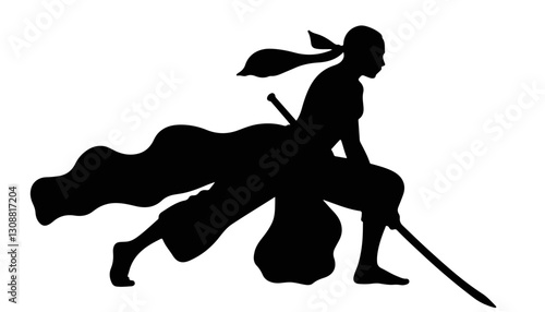 Silhouette of a warrior with sword in dynamic pose