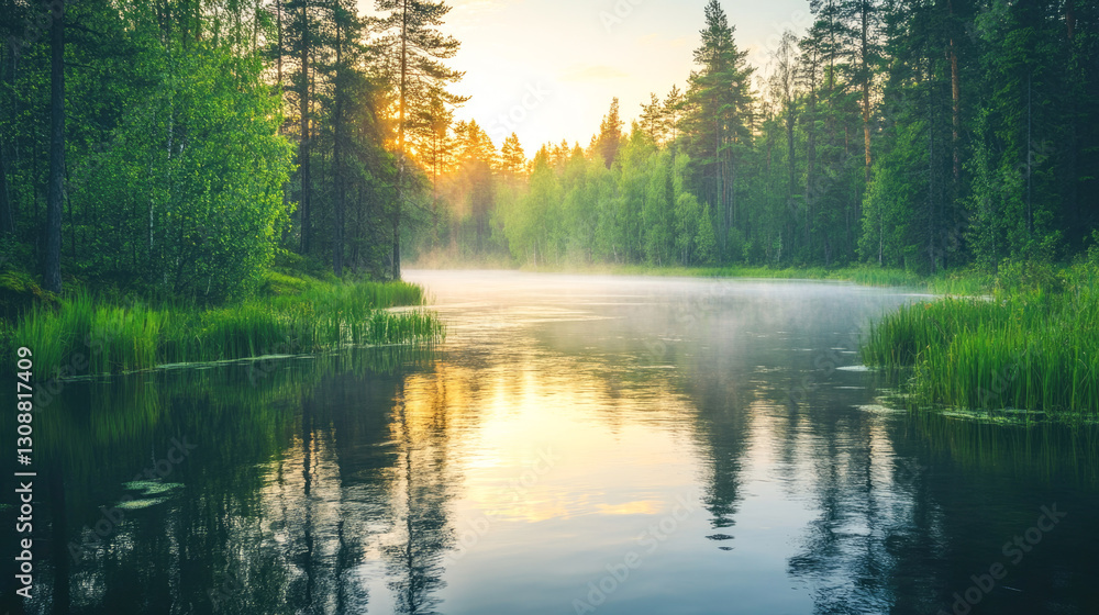 Obraz premium Serene forest lake at sunrise with misty reflections and lush greenery