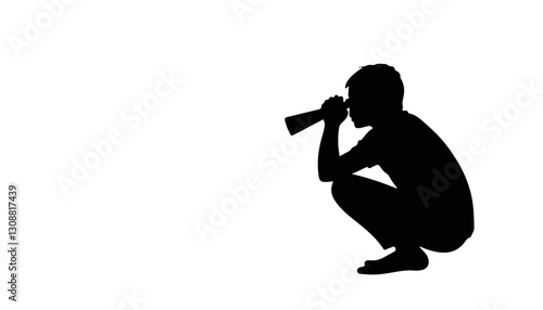 Silhouette of boy crouching and looking through binoculars