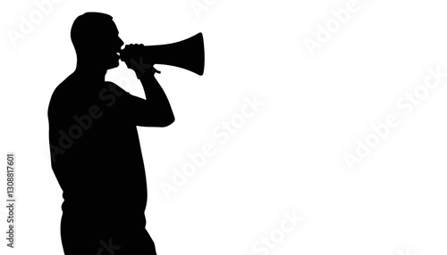 Silhouette of man shouting through megaphone against white background