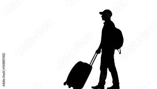 Silhouette of traveler pulling suitcase against white background