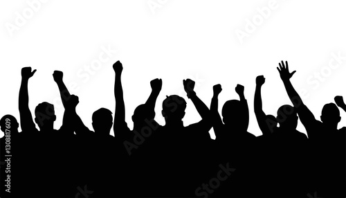 Crowd of people cheering with raised fists against a white background